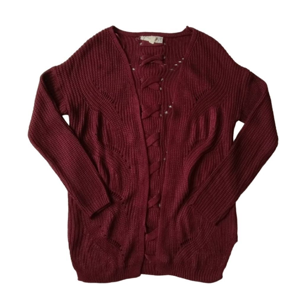Pink Republic Burgundy Bloom Red Open Front Knit Cardigan Sweater Women's Small